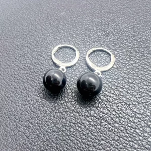 Boucles Créoles S925 & Agate noire 14 mm