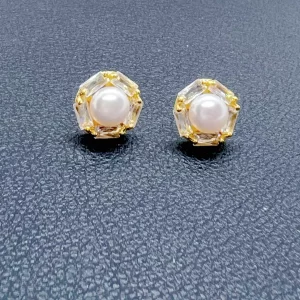 Boucles d’oreilles clous Perle blanche et Halo Cristal