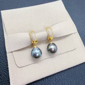 Duo – Boucles d’oreilles dorées réversibles, perles de Tahiti 13–14 mm